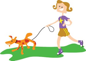 girl walking dog cartoon.